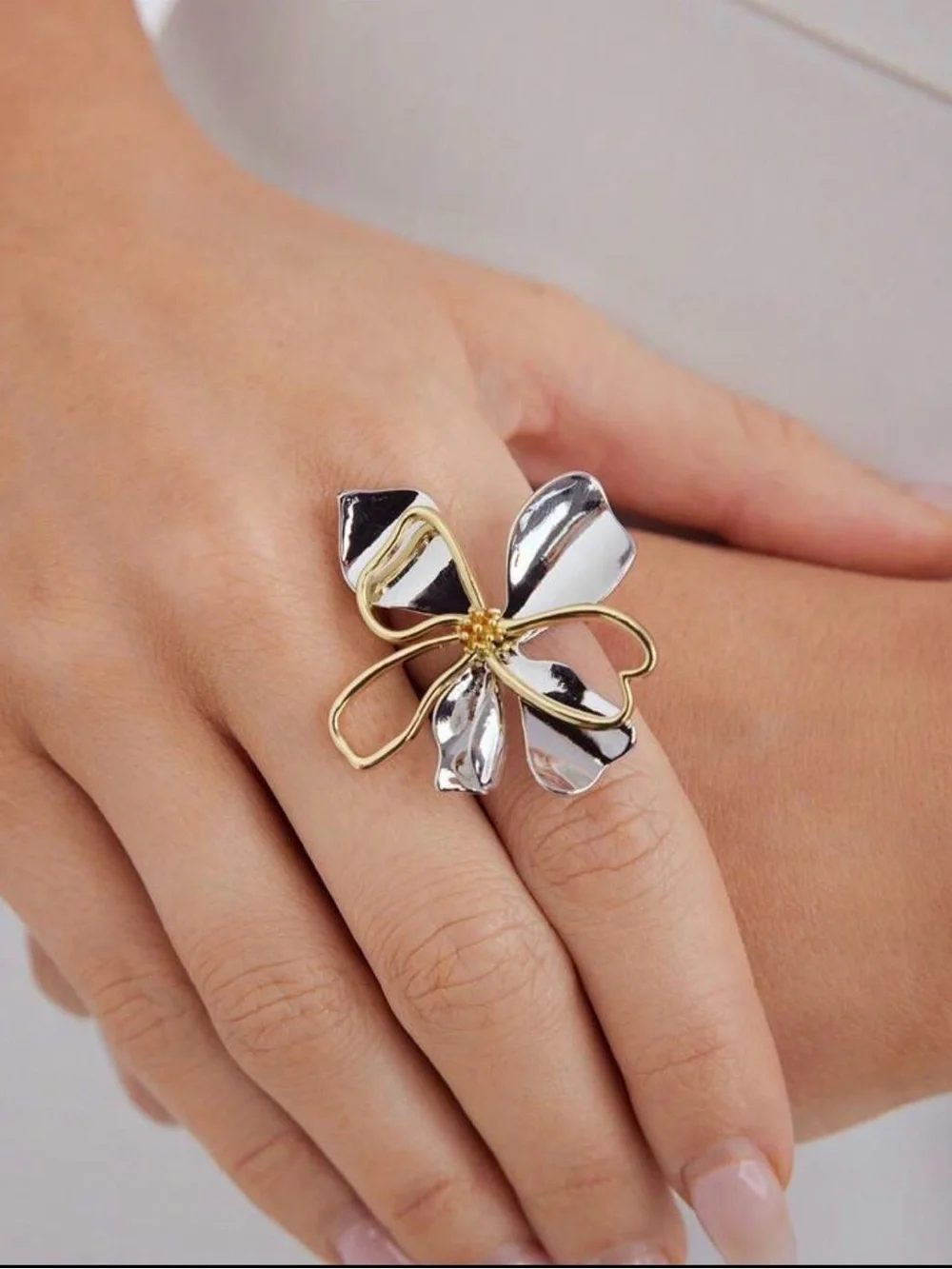 ✨ Sculptural Silver & Gold Floral Statement Ring | Modern Abstract Flower Ring